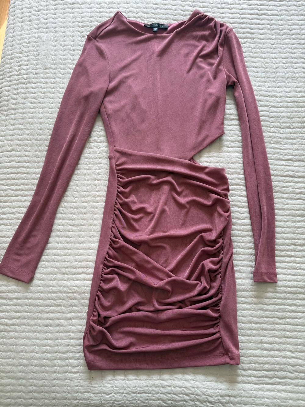 Dynamite Mauve Long-Sleeve Ruched Cutout Mini Dress